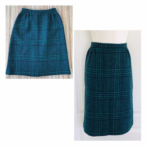 Vintage Teal Wool Tweed Plaid Knee Length Pencil Skirt Tall Girl Brand 26" Waist - Picture 1 of 4